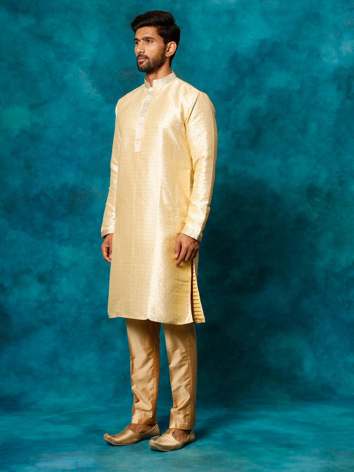 Sarvati Men's Beige jacquard Kurta With Pant Set