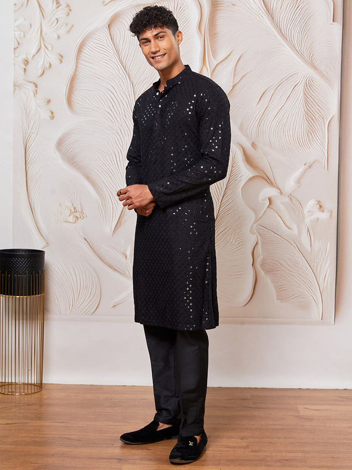 Men's Black And White Rayon Cotton Kurta Pyjama Set