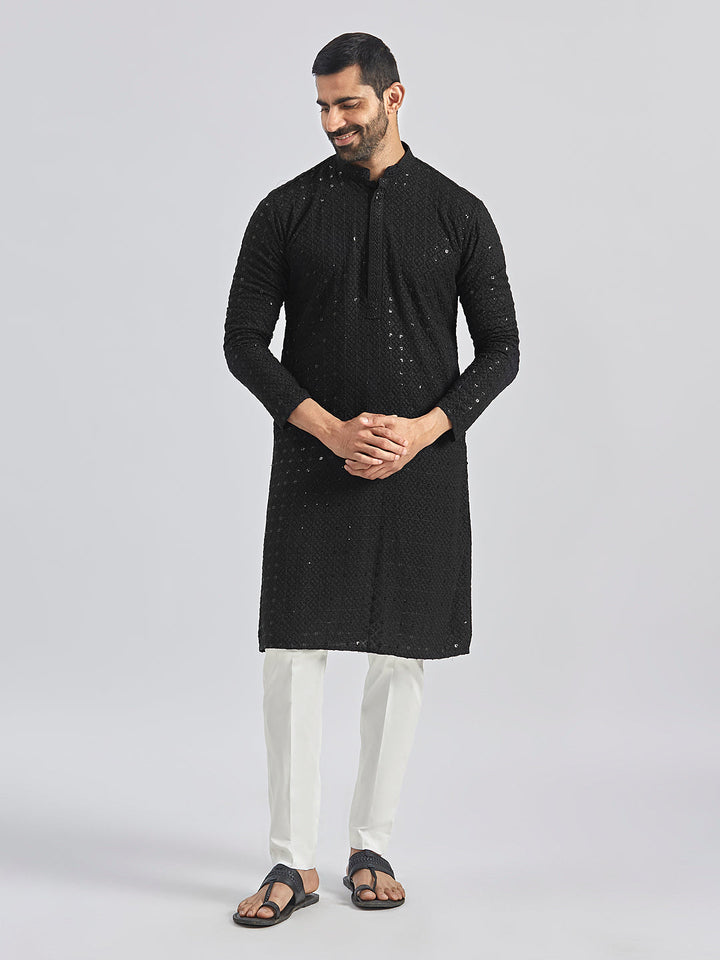 Sarvati Men's Black And White Rayon Cotton Kurta Pyjama Set