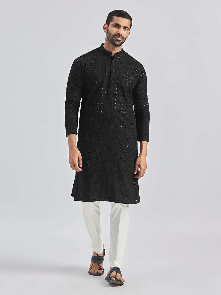 Sarvati Men's Black And White Rayon Cotton Kurta Pyjama Set