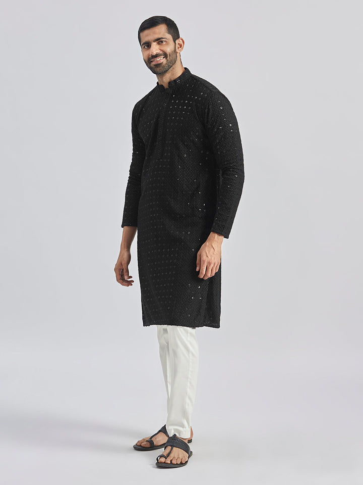 Sarvati Men's Black And White Rayon Cotton Kurta Pyjama Set