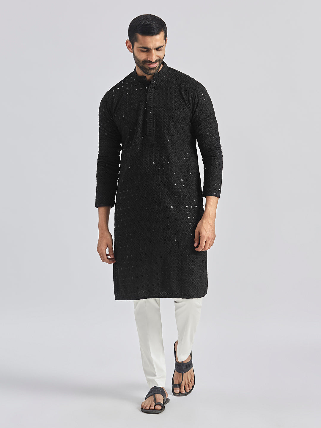 Sarvati Men's Black And White Rayon Cotton Kurta Pyjama Set