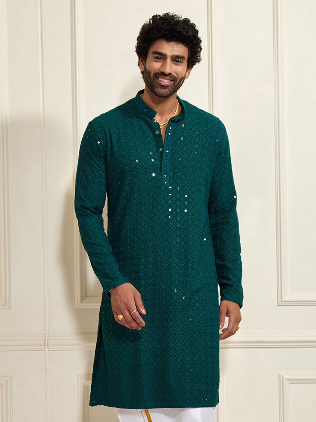 Men's Green Rayon Schiffli  Kurta