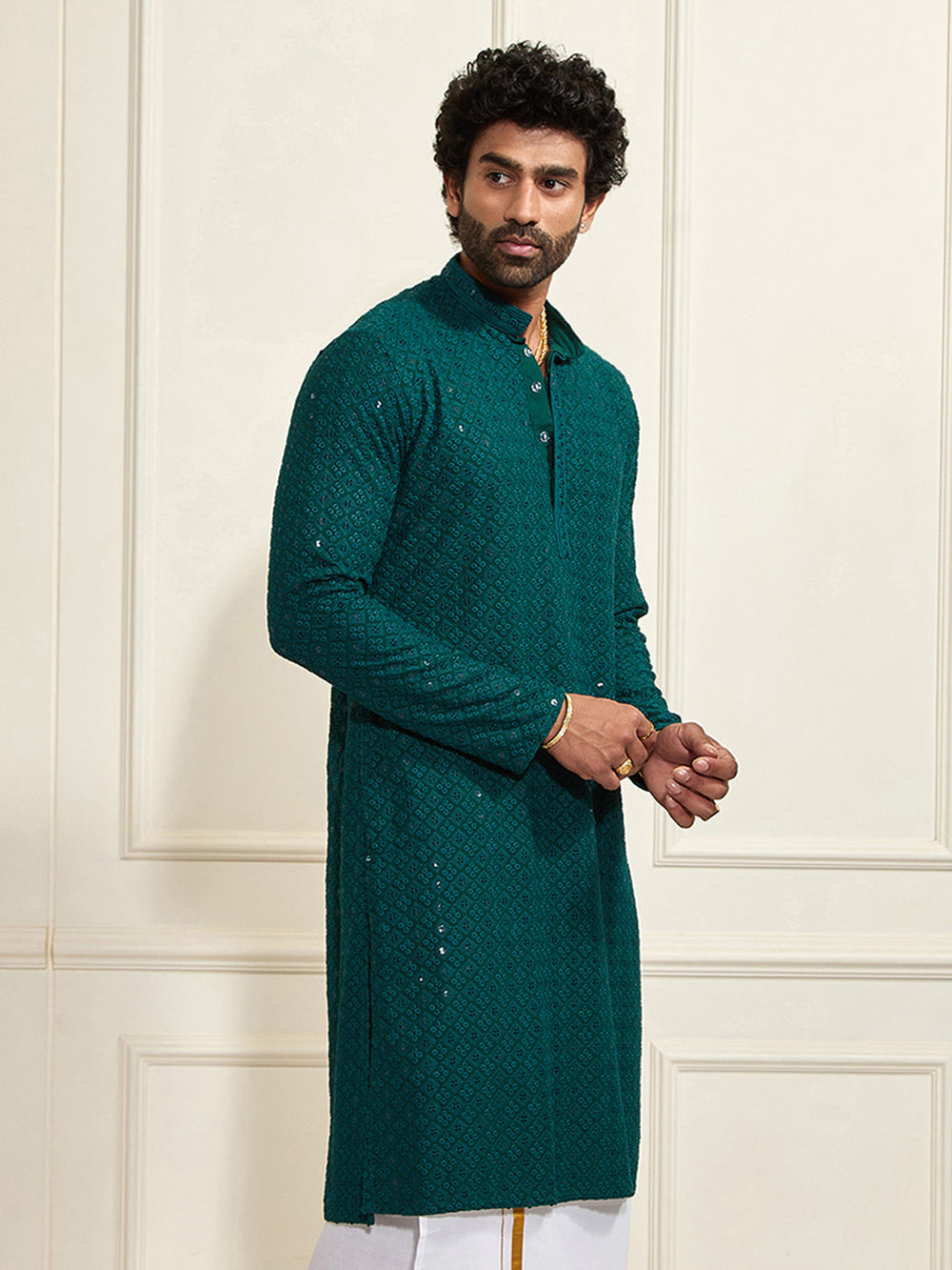 Men's Green Rayon Schiffli  Kurta