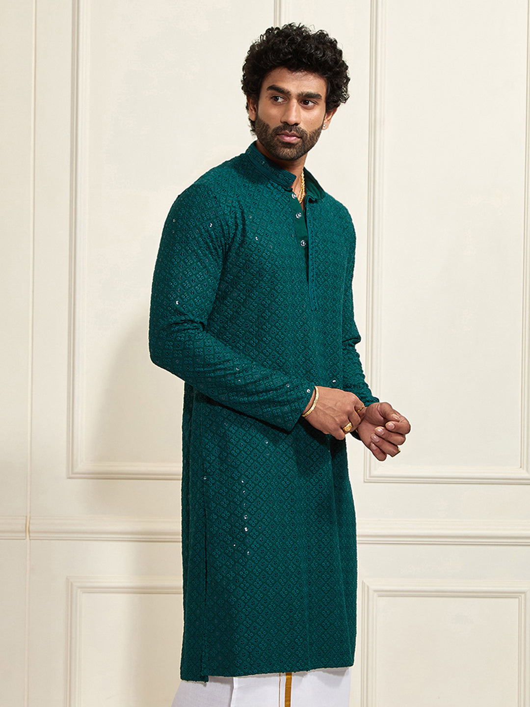 Men's Green Rayon Schiffli  Kurta