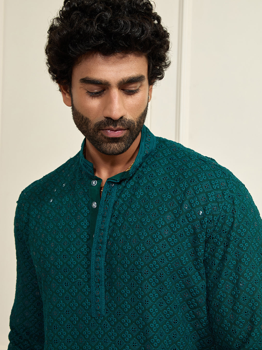 Men's Green Rayon Schiffli  Kurta