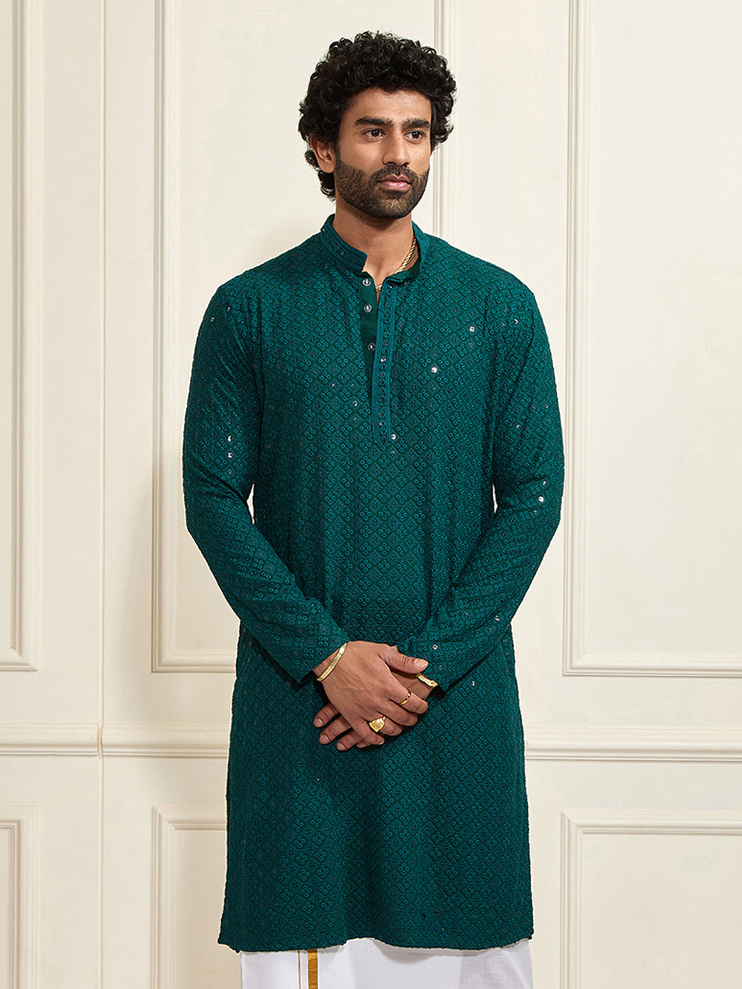 Men's Green Rayon Schiffli  Kurta