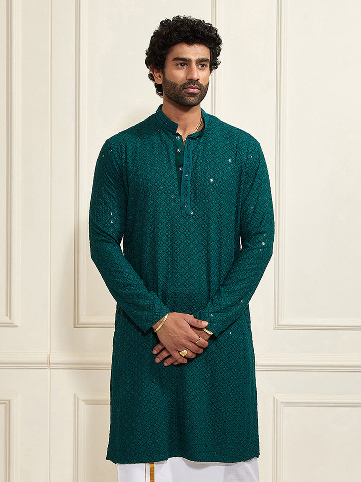 Men's Green Rayon Schiffli  Kurta