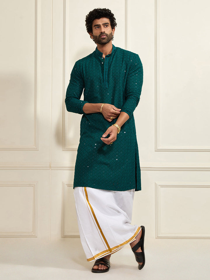 Men's Green Rayon Schiffli  Kurta