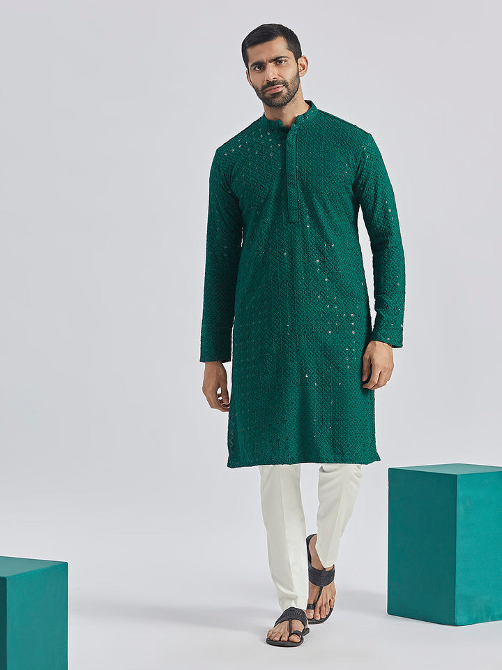 Sarvati Men's Green And White Rayon Cotton Kurta Pyjama Set