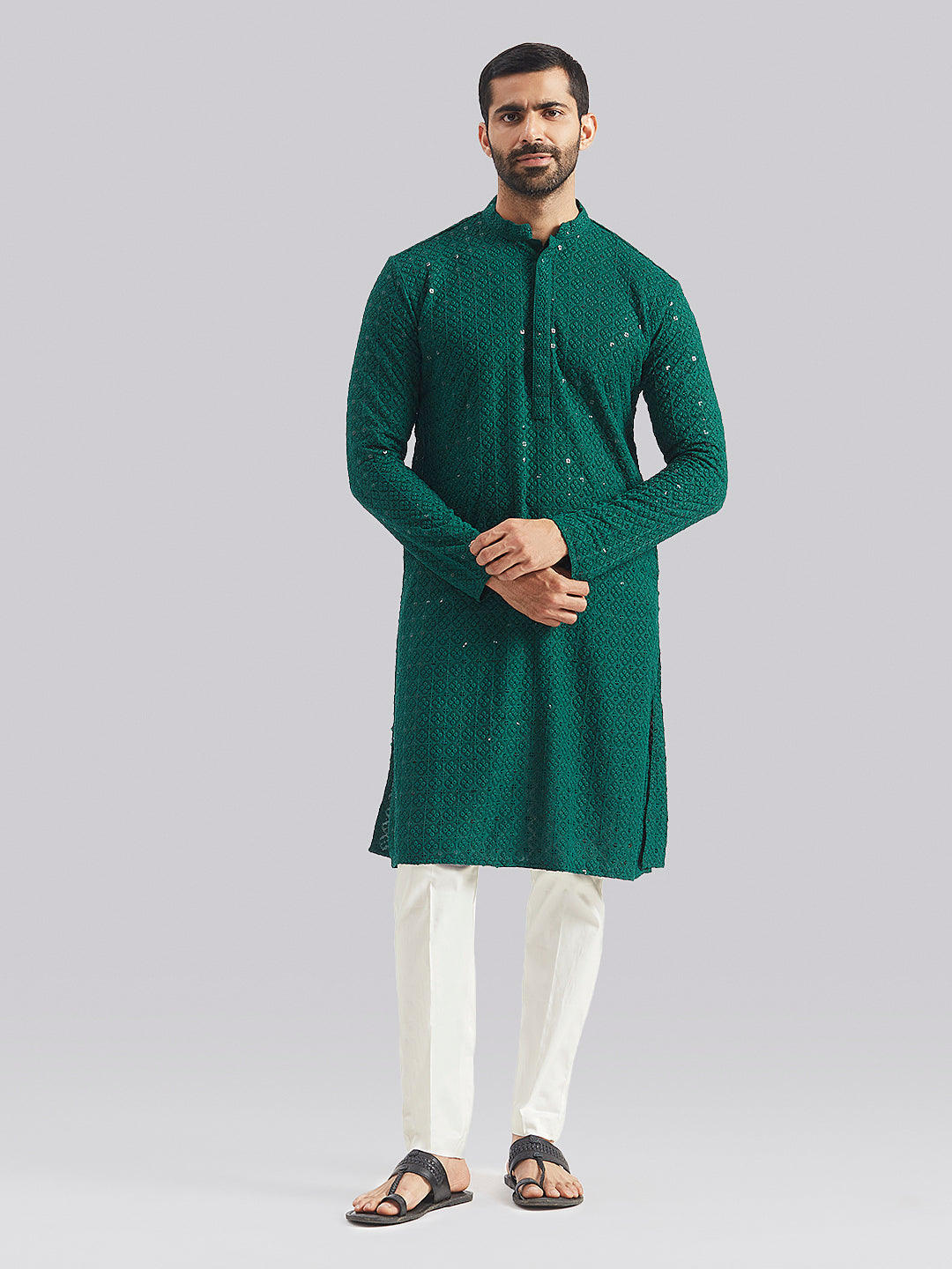 Sarvati Men's Green And White Rayon Cotton Kurta Pyjama Set