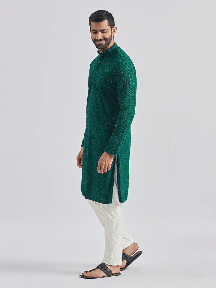 Sarvati Men's Green And White Rayon Cotton Kurta Pyjama Set