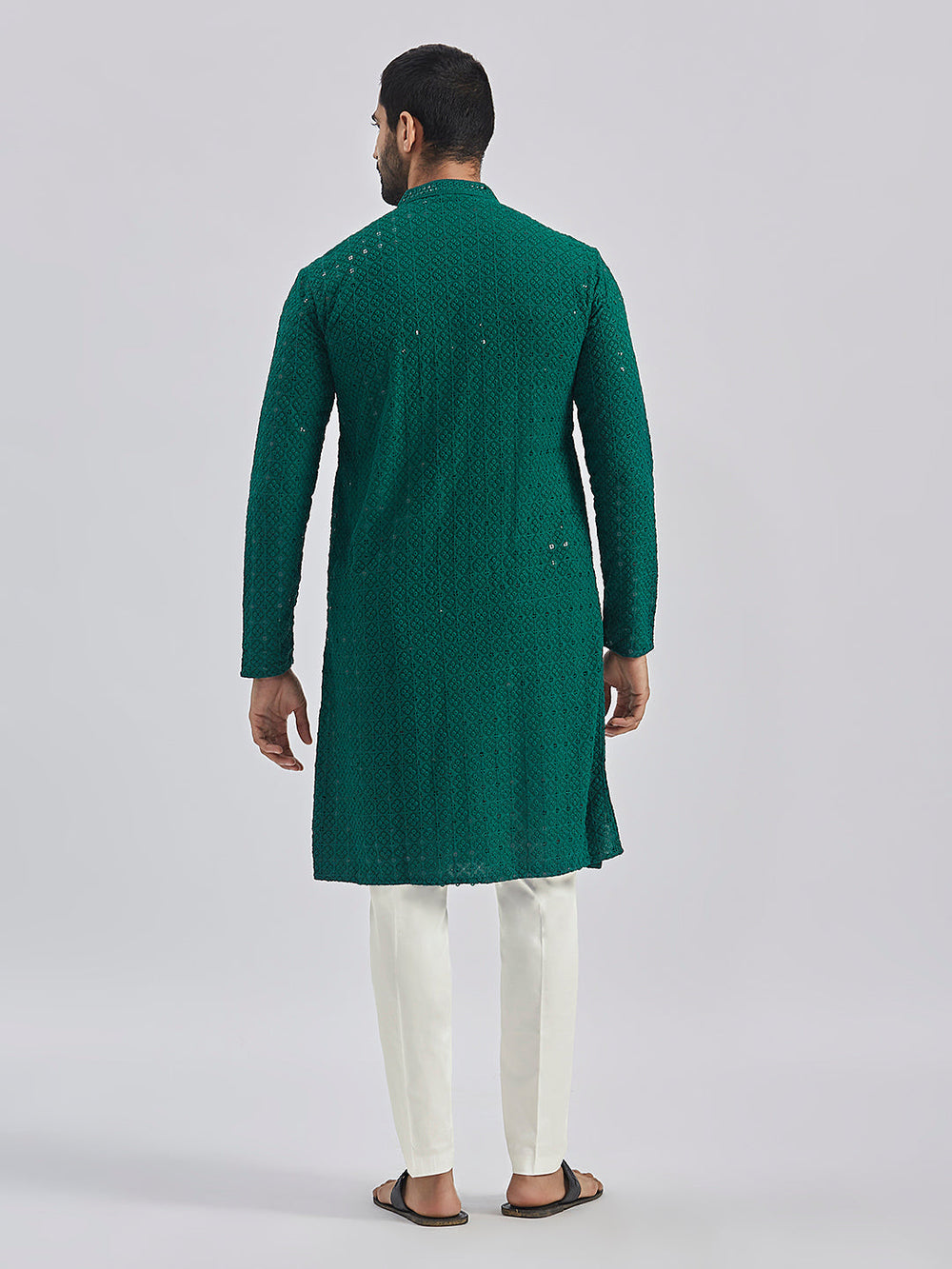 Sarvati Men's Green And White Rayon Cotton Kurta Pyjama Set