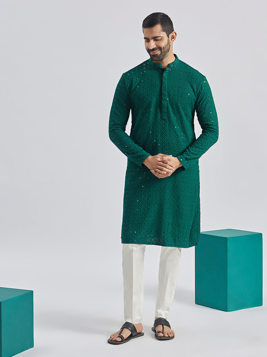 Sarvati Men's Green And White Rayon Cotton Kurta Pyjama Set