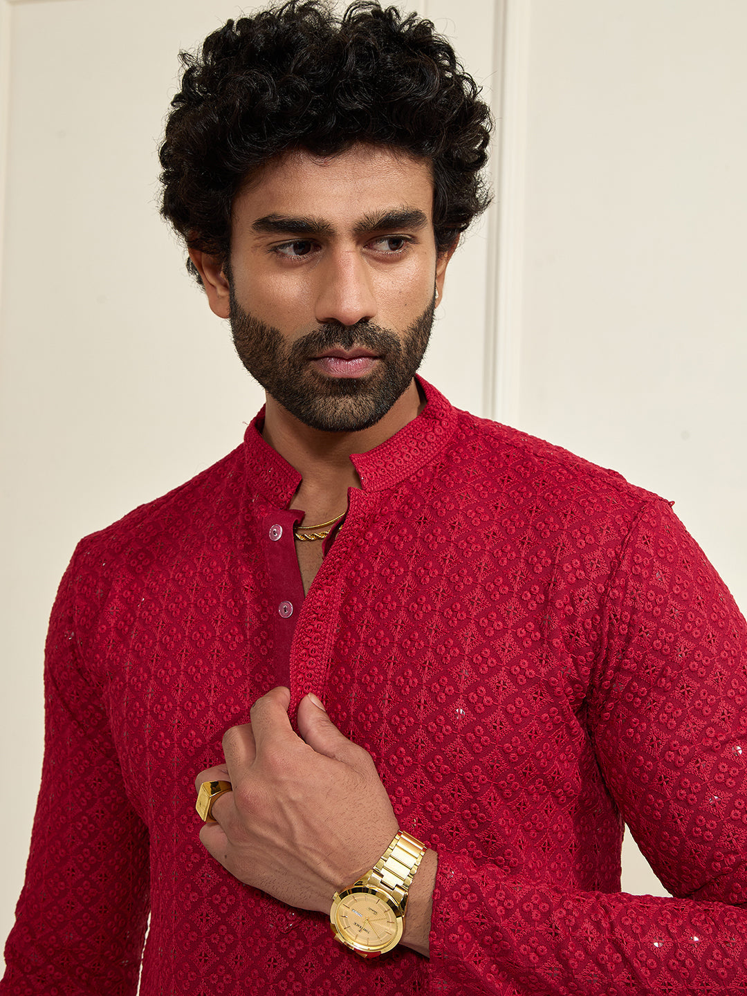 Men's Maroon Rayon Schiffli Kurta
