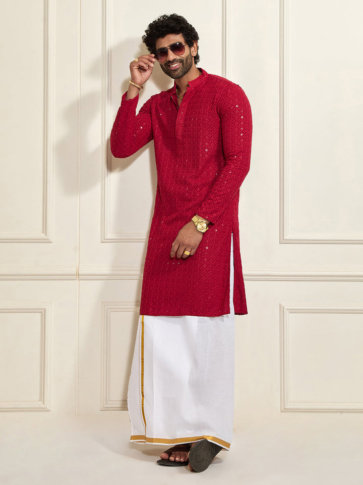 Sarvati Men's Maroon Rayon Cotton Kurta And Mundu Set