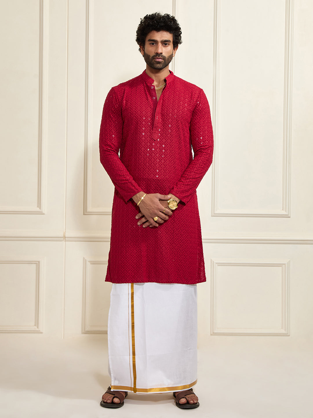 Sarvati Men's Maroon Rayon Cotton Kurta And Mundu Set