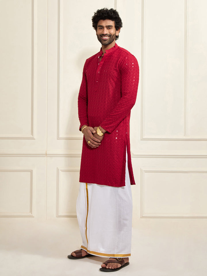 Sarvati Men's Maroon Rayon Cotton Kurta And Mundu Set