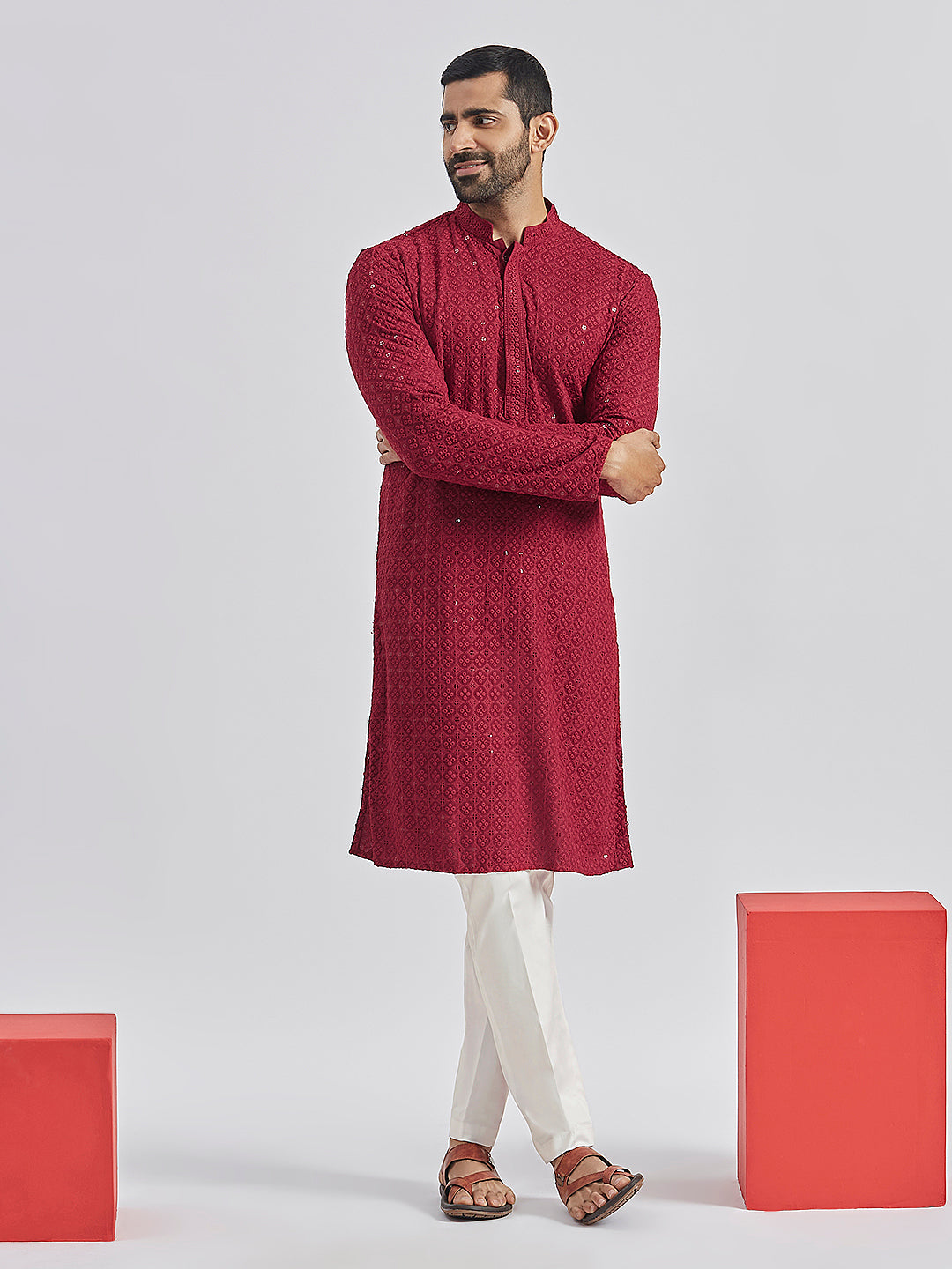 Sarvati Men's Maroon And White Rayon Cotton Kurta Pyjama Set