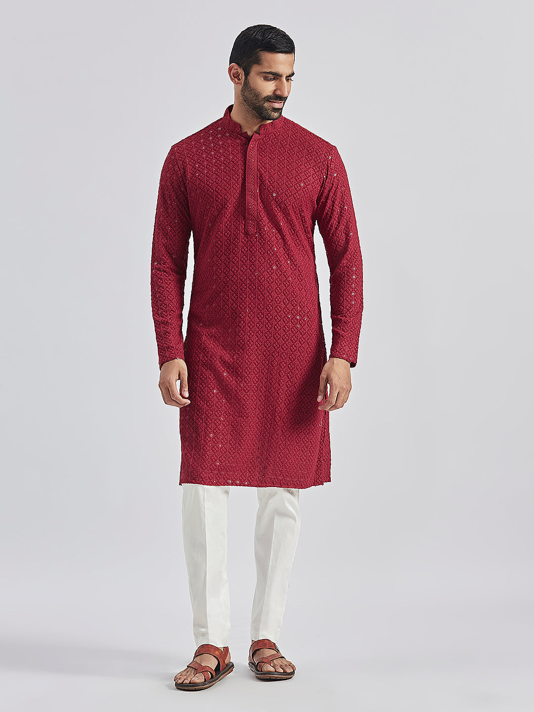 Sarvati Men's Maroon And White Rayon Cotton Kurta Pyjama Set