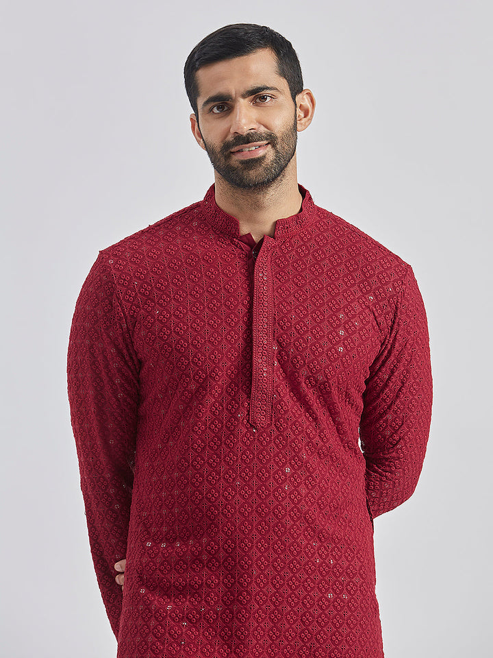 Sarvati Men's Maroon And White Rayon Cotton Kurta Pyjama Set