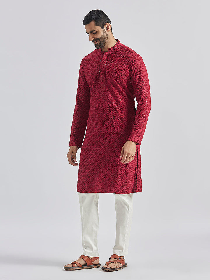 Sarvati Men's Maroon And White Rayon Cotton Kurta Pyjama Set