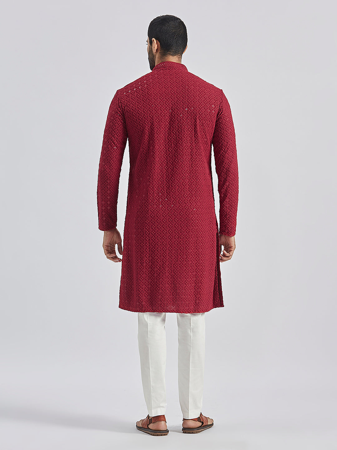 Sarvati Men's Maroon And White Rayon Cotton Kurta Pyjama Set