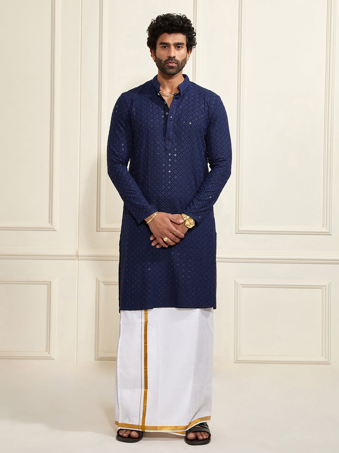 Sarvati Men's Navy Blue Rayon Cotton Kurta And Mundu Set