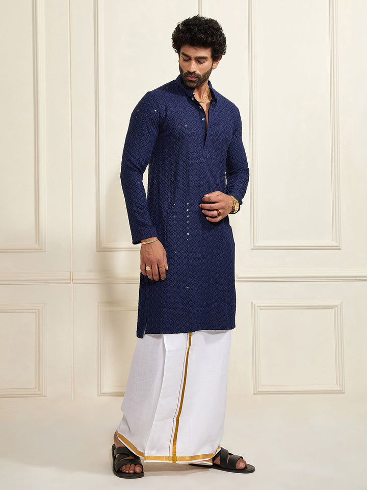 Sarvati Men's Navy Blue Rayon Cotton Kurta And Mundu Set