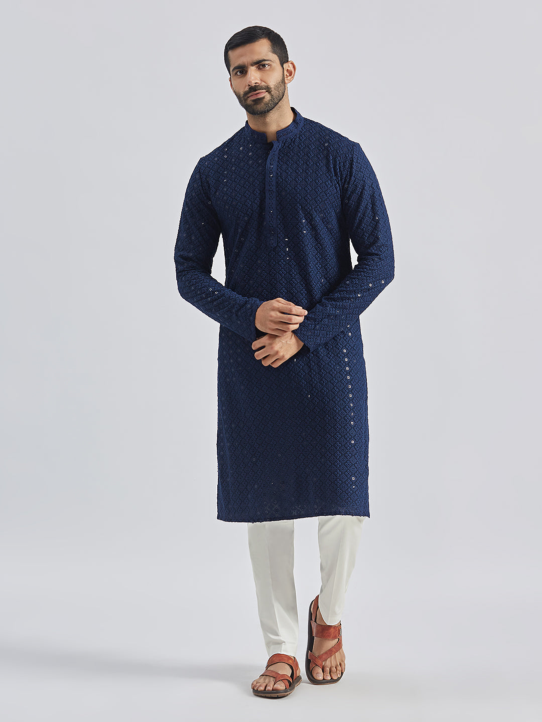 Sarvati Men's Navy Blue And White Rayon Cotton Kurta Pyjama Set