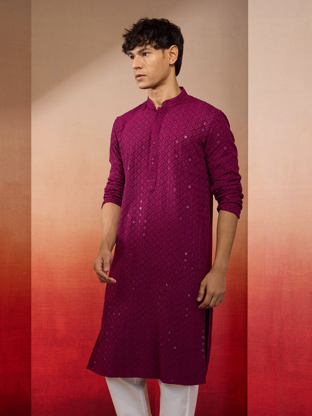 Men's Purple Sequin Embroidered Long Kurta