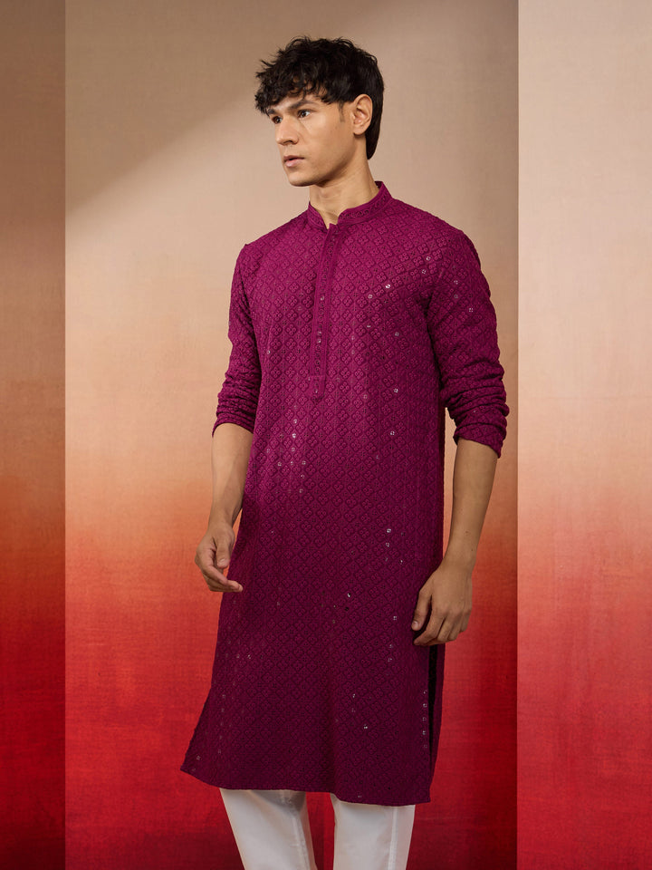 Men's Purple Sequin Embroidered Long Kurta