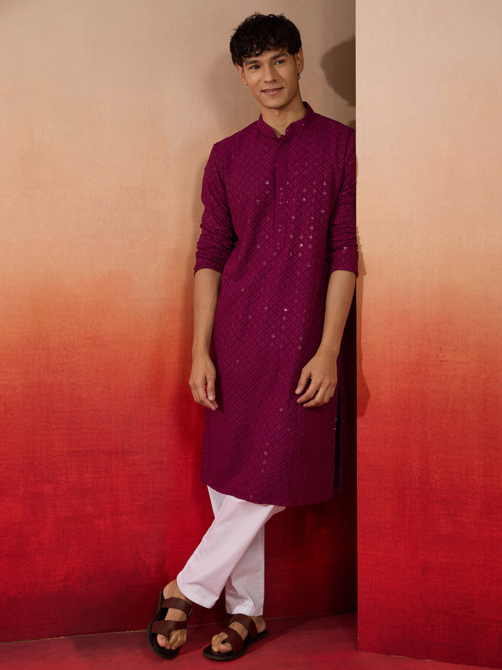 Men's Purple Sequin Embroidered Long Kurta