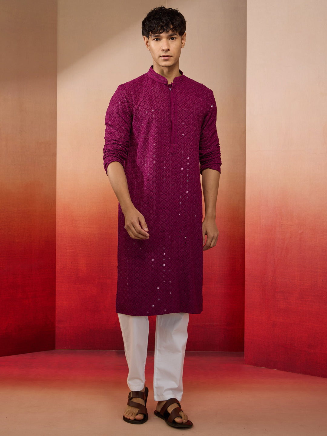 Men's Purple Rayon Sequin Embroidered Kurta with White Trousers