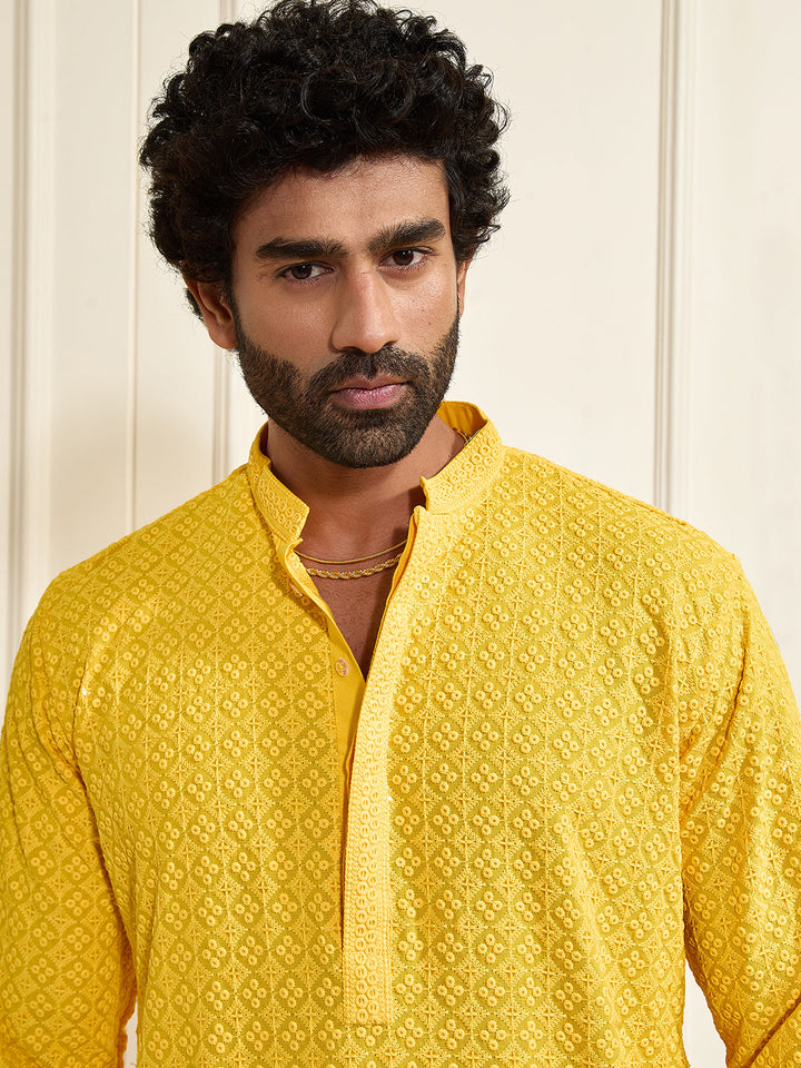 Men's Yellow Rayon Schiffli Kurta
