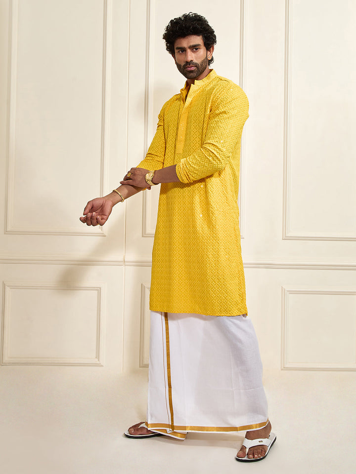 Sarvati Men's Yellow Rayon Cotton Kurta And Mundu Set