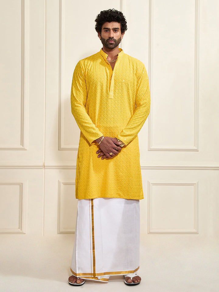 Sarvati Men's Yellow Rayon Cotton Kurta And Mundu Set