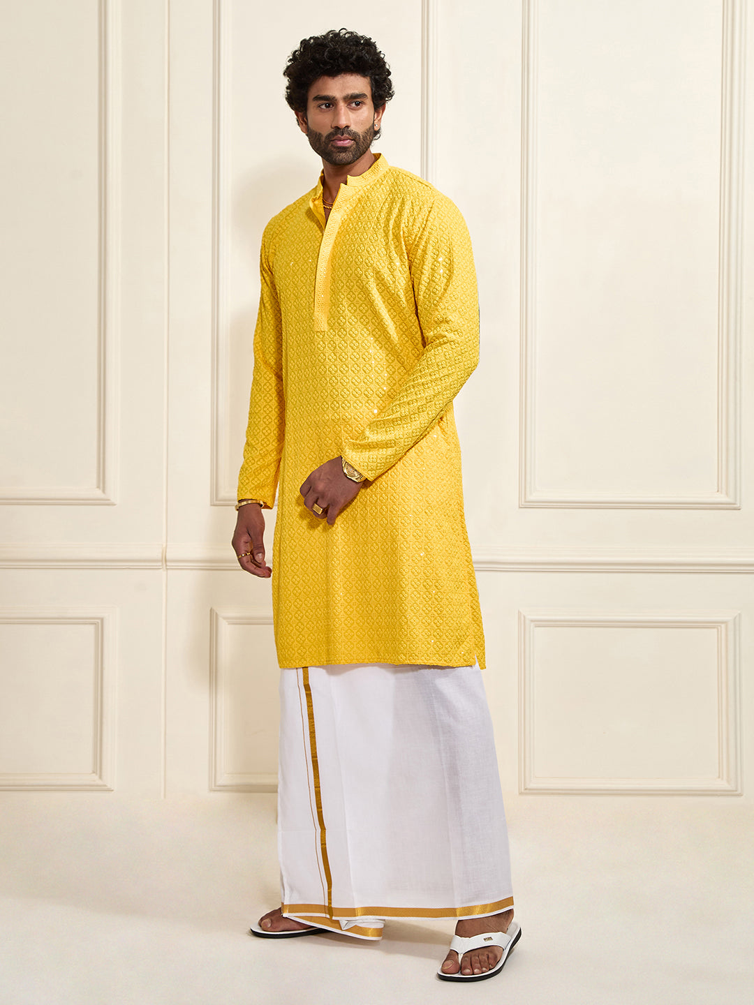 Sarvati Men's Yellow Rayon Cotton Kurta And Mundu Set