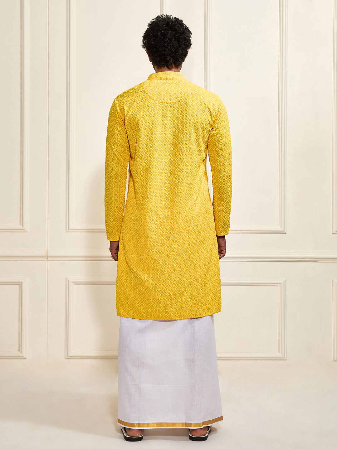 Sarvati Men's Yellow Rayon Cotton Kurta And Mundu Set