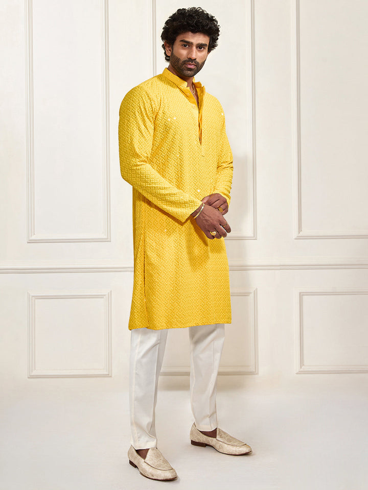 Men's Yellow And White Rayon Cotton Kurta Pyjama Set