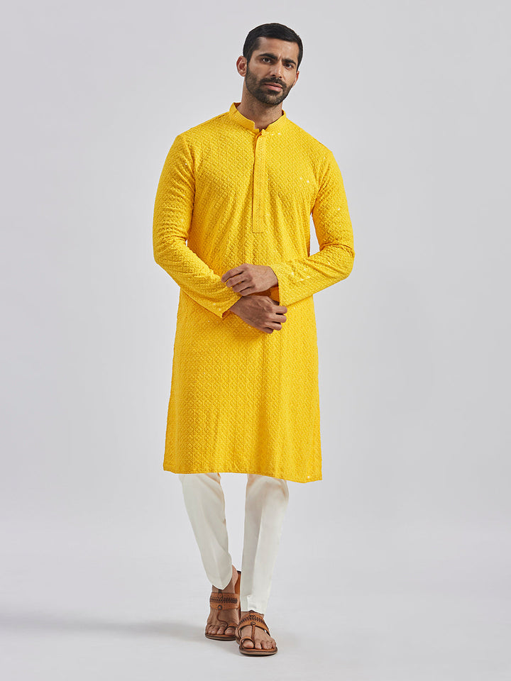 Sarvati Men's Yellow And White Rayon Cotton Kurta Pyjama Set