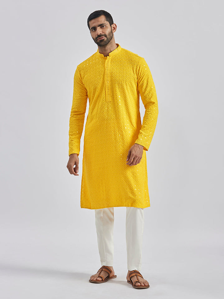 Sarvati Men's Yellow And White Rayon Cotton Kurta Pyjama Set