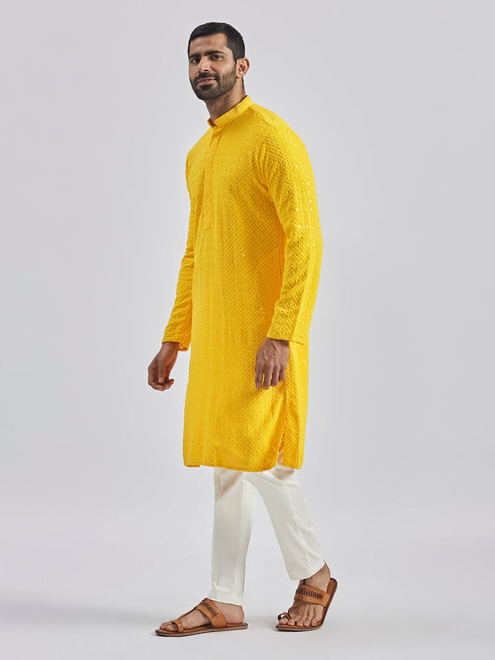 Sarvati Men's Yellow And White Rayon Cotton Kurta Pyjama Set