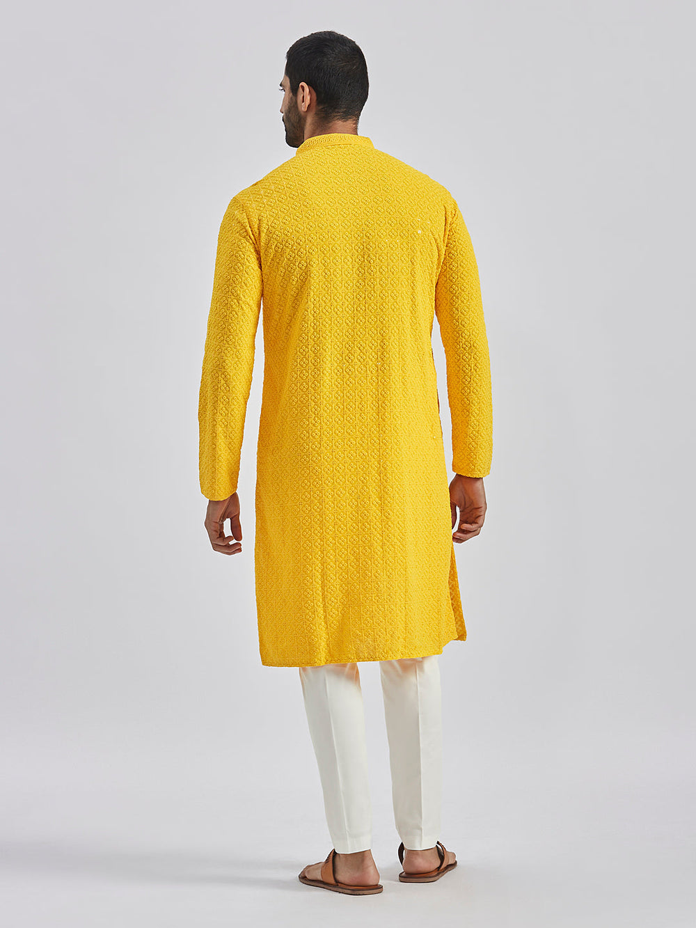 Sarvati Men's Yellow And White Rayon Cotton Kurta Pyjama Set