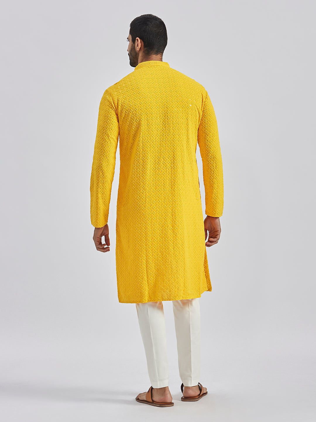 Sarvati Men's Yellow And White Rayon Cotton Kurta Pyjama Set