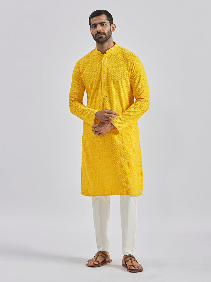 Sarvati Men's Yellow And White Rayon Cotton Kurta Pyjama Set