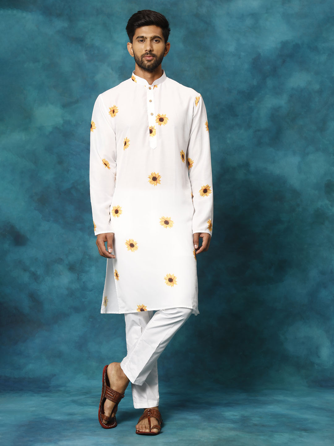 Sarvati Men's White Cotton Blend Sunflower Print Kurta Pant Set