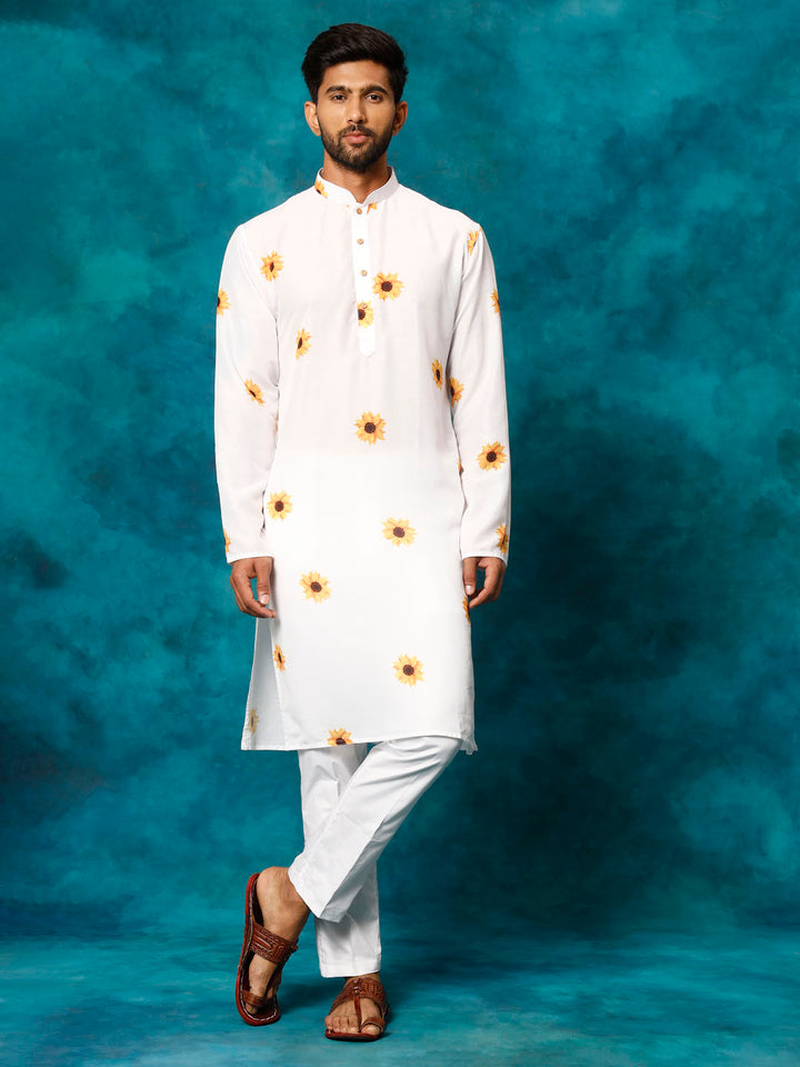 Sarvati Men's White Cotton Blend Sunflower Print Kurta Pant Set