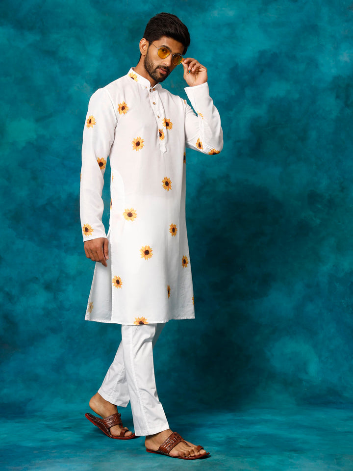 Sarvati Men's White Cotton Blend Sunflower Print Kurta Pant Set