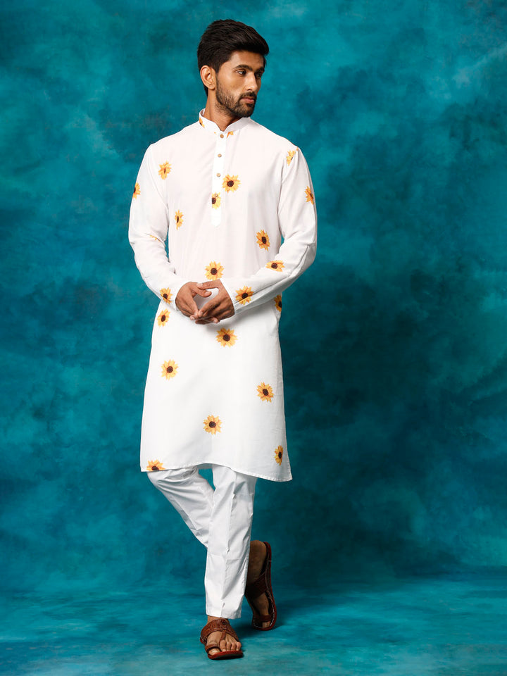 Sarvati Men's White Cotton Blend Sunflower Print Kurta Pant Set